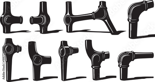 Black and white illustration of various pipe fittings collection