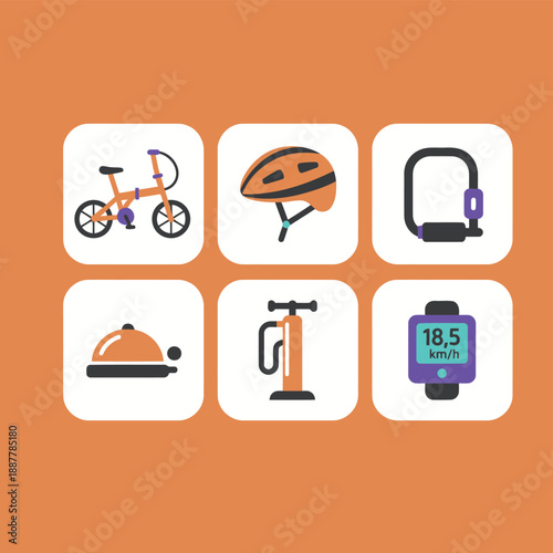 Professional cycling gear and urban mobility icon set with folding bike helmet lock bell and smart fitness watch vector illustration
