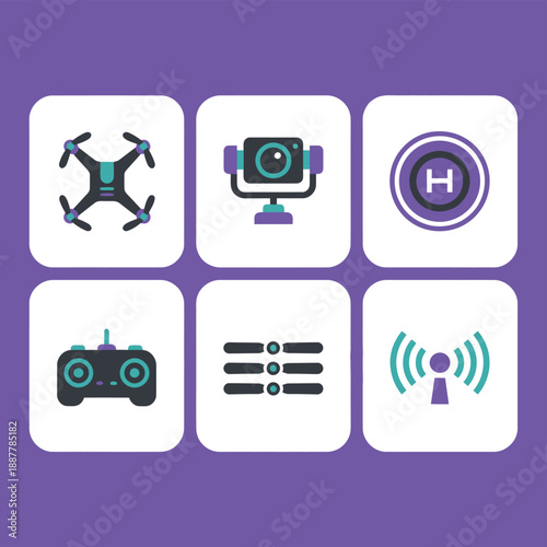 Drone technology and remote control photography icon set with quadcopter camera gimbal landing pad and signal transmission vector illustration