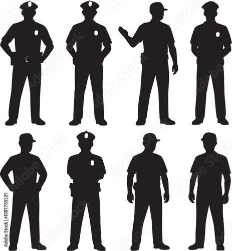 Silhouette of various men in different poses and uniforms on white background