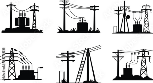 Electric power substation silhouettes set, transmission towers and utility poles, black vector icons collection, energy grid infrastructure illustration