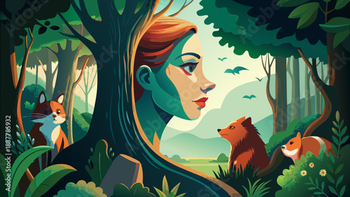 Harmony of Woman and Nature in Enchanted Forest Environmental Illustration