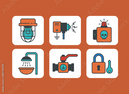 Industrial safety and hazardous environment equipment icons with explosion proof light gas sensor alarm shower valve and security lock for factory protection and worker health safety