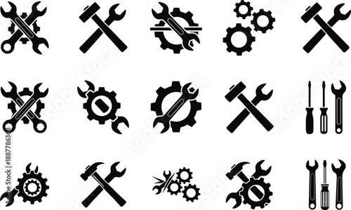 Repair and maintenance icons set, wrench hammer screwdriver gear symbols, black vector silhouettes collection, mechanic service illustration isolated