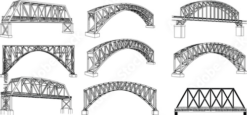 Steel bridge silhouettes set, truss and arch construction designs, black vector icons collection, engineering infrastructure illustration isolated on white
