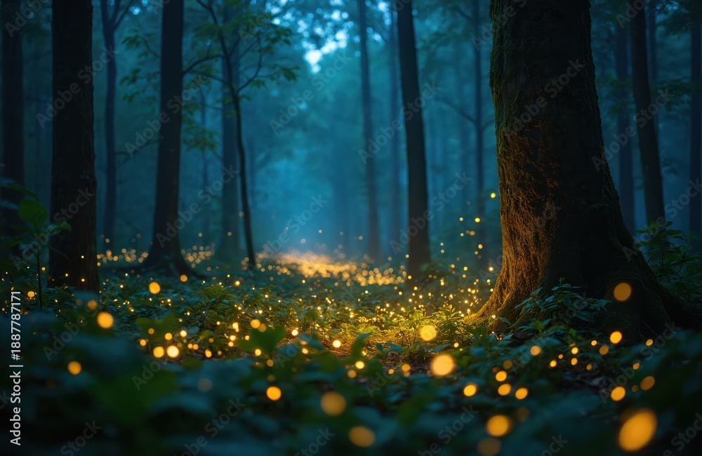 Naklejka premium Magical forest scene at night with many glowing fireflies lighting up the dark woods. Tiny yellow lights dot the green foliage and spread across the forest floor.