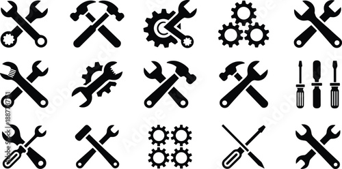 Tools and repair icons set, wrench hammer screwdriver gear symbols, black vector silhouettes collection, maintenance service illustration isolated