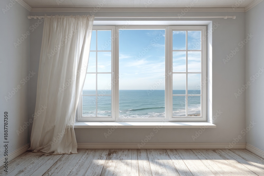 Fototapeta premium Bright room with white curtains and ocean view through window.