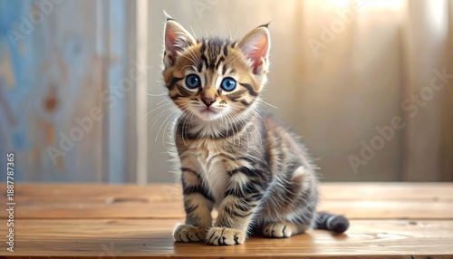 Wallpaper Mural Adorable tabby kitten with striking blue eyes, sitting on a wooden surface, soft light Torontodigital.ca