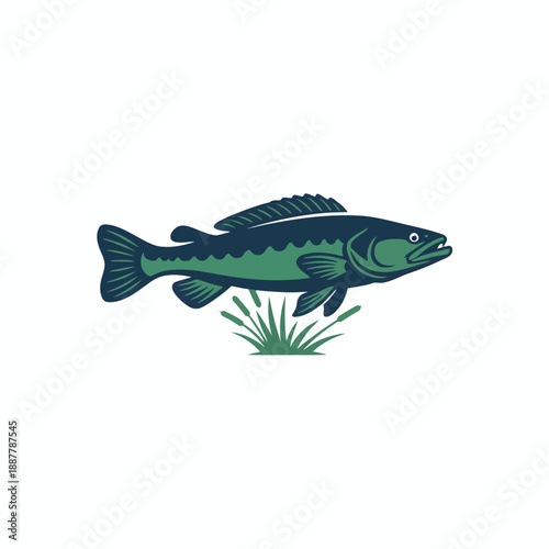 Stylized illustration of a dark and medium green bass leaping above aquatic reeds