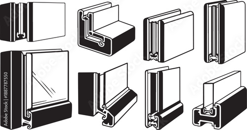 Detailed illustrations of various window frame designs and profiles
