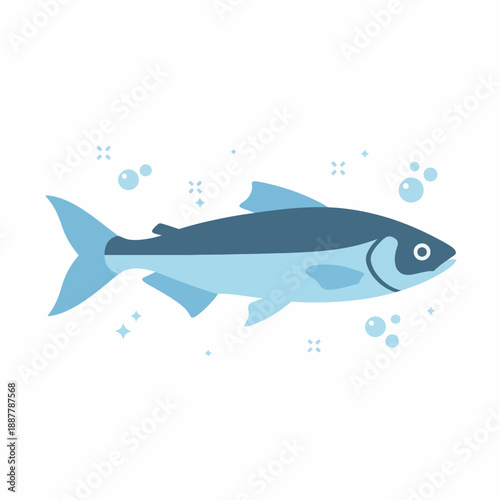 Stylized illustration of a dark blue and light blue fish swimming with bubbles