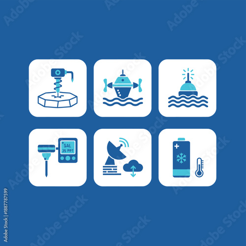 Marine research and ocean monitoring equipment icons featuring ice drilling deep sea submersibles sensor buoys satellite communication and cold environment battery technology flat vector