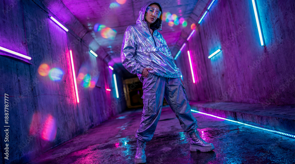 Naklejka premium Fashion portrait in metallic streetwear with neon aesthetic