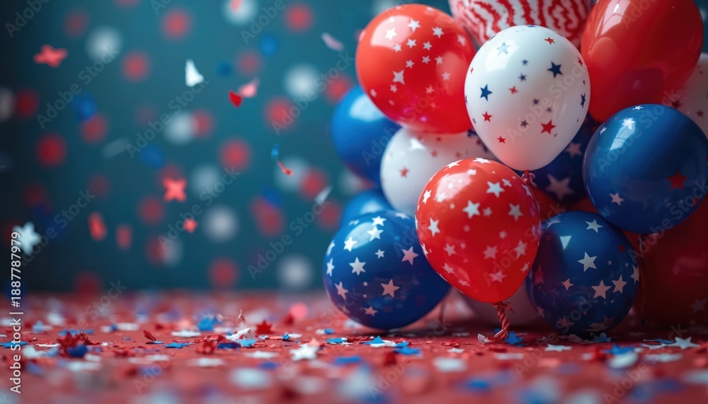 Naklejka premium Red white blue balloons and confetti celebrate Independence Day. Patriotic party decor features stars and stripes for Fourth of July events and national holidays.
