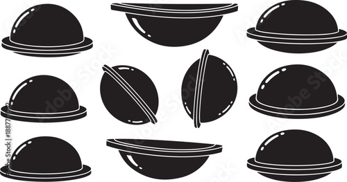 Black and white illustration of covered serving dishes variety