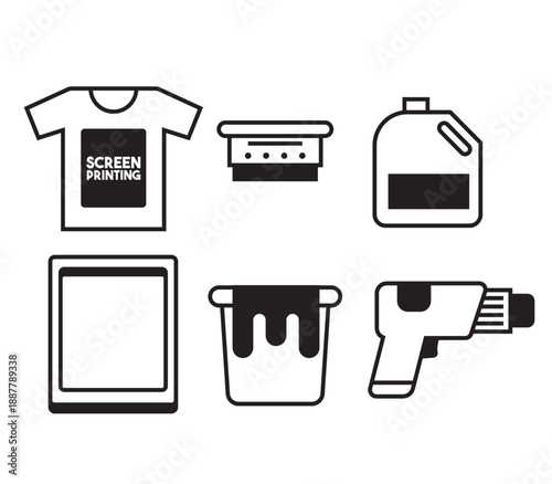 ector icon set for screen printing industry. Collection includes t-shirt, squeegee, ink bucket, frame mesh, heat gun, and emulsion bottle symbols. Isolated black illustrations.