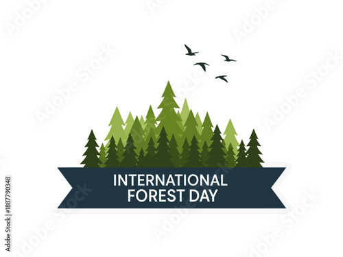 Celebrating International Forest Day with birds flying over lush green forest trees illustration