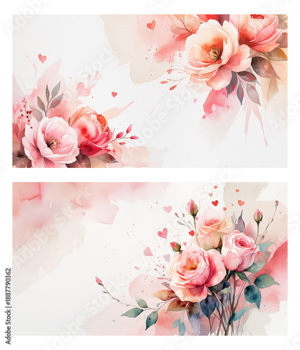 Watercolor roses and hearts romantic illustration for Valentine’s Day cards, wedding invitations, love posters and social media design.