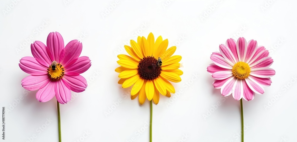 Fototapeta premium Three colorful flowers, pink cosmos yellow sunflower and striped daisy, on white background. Bees collect nectar, pollination occurs in nature. Healthy blooms, floral design elements.