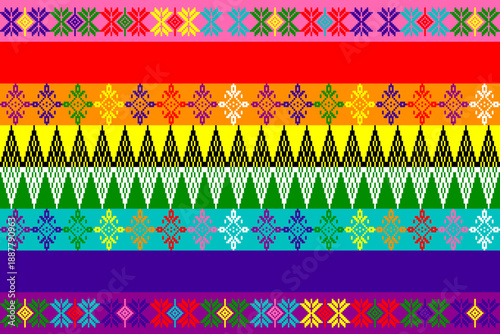 Vibrant pixel art textile pattern inspired by traditional motifs and rainbow colors, symbolizing love, equality, and LGBTQ+ pride. Perfect for fabric design, wallpapers, backgrounds, and vector