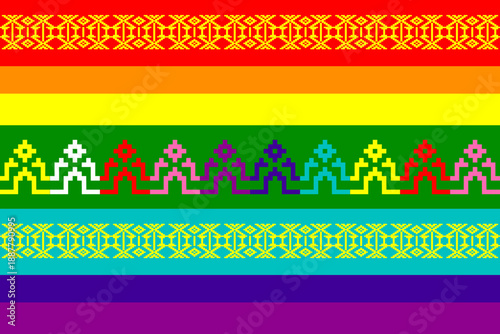 Vibrant pixel art textile pattern inspired by traditional motifs and rainbow colors, symbolizing love, equality, and LGBTQ+ pride. Perfect for fabric design, wallpapers, backgrounds, and vector