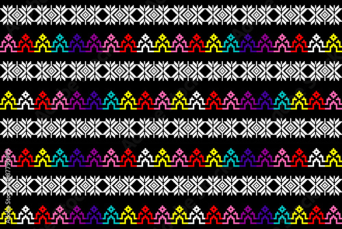 Vibrant pixel art textile pattern inspired by traditional motifs and rainbow colors, symbolizing love, equality, and LGBTQ+ pride. Perfect for fabric design, wallpapers, backgrounds, and vector