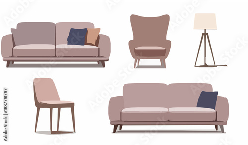 Trendy Apartment Furniture Vector Set with Sofa Chair Armchair and Lamp