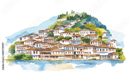 Berat Old Town. Berat Old Town watercolor vector illustration