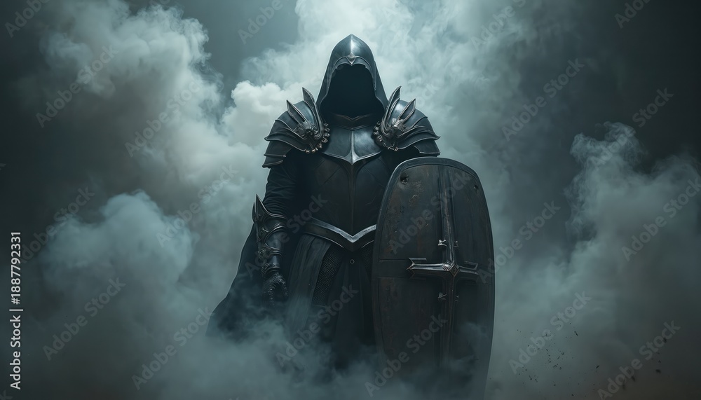 Fototapeta premium Dark armored figure with hood holds shield in swirling smoke. Mysterious warrior stands ready for battle. Gloomy, dramatic scene conveys sense of intrigue and power.
