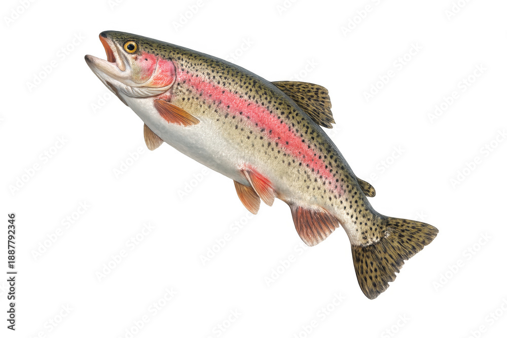 Obraz premium Rainbow trout jumping from water, showing an open mouth and colorful markings, with transparent background