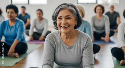 A diverse group of happy seniors in a gentle yoga class, promoting healthy aging and community fitness. This image highlights vitality in older adults, senior wellness, and the importance of social co