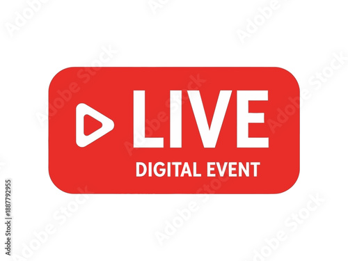 Digital live event banner with play button icon on red background displayed prominently online