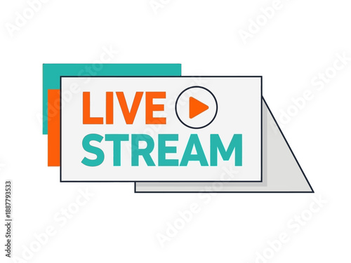 A graphic illustration of overlapping rectangles with a play button and text indicating a live stream event
