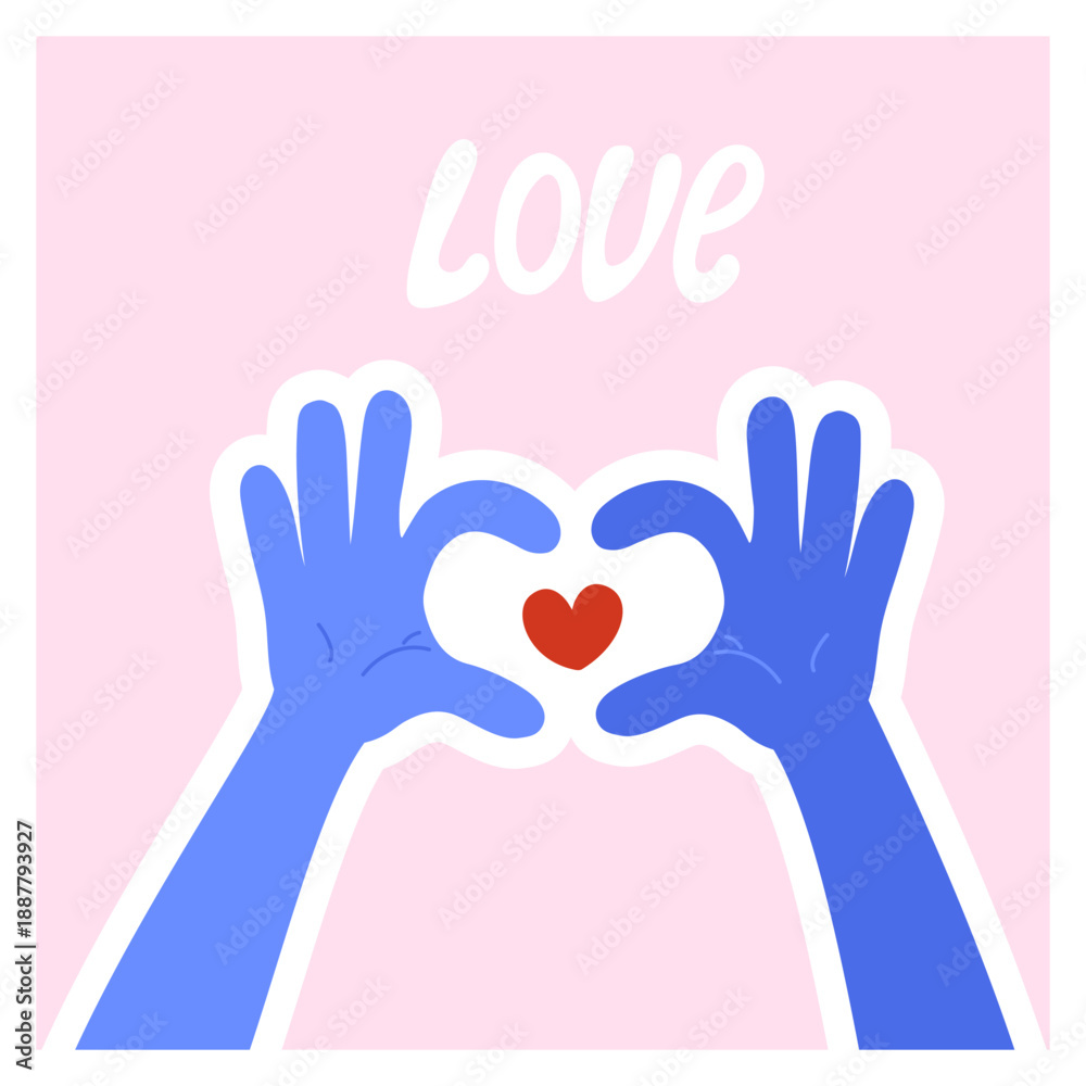 Obraz premium Hands sign heart. Positive human gestures bright card. Valentine's Day, holiday, love, dating and communication poster concept. Vector illustration.