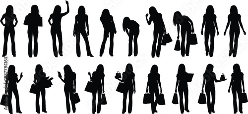 Female shopping silhouettes set, fashionable women poses, retail consumer lifestyle concept, black isolated figures collection illustration for marketing design usage