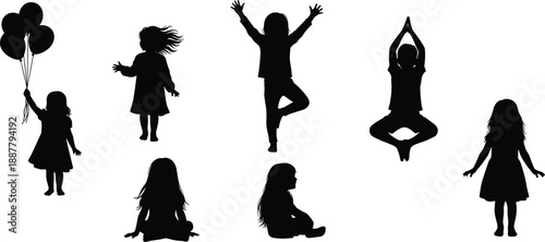 Kids silhouette collection, children playing, yoga pose, balloons, joyful childhood concept, black isolated figures illustration set, for creative design usage