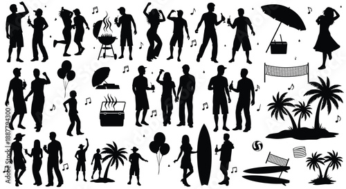 People enjoying summer vacation activities silhouette