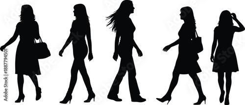 Walking women silhouettes collection, fashionable female figures, modern lifestyle concept, confident business and casual poses, black isolated illustration set, design