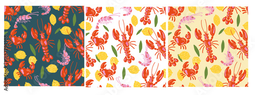 Lobster and lemon seamless pattern set in hand drawn Mediterranean style. Naive seafood designs with shrimp, crayfish, citrus fruits and leaves. Perfect for summer kitchen decor and wrapping paper.