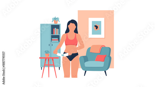 Woman ironing clothes in living room.