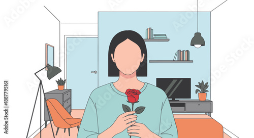 Woman holding a red rose in a modern living room with minimalist decor.