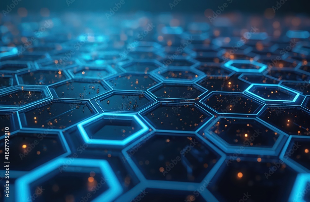 Obraz premium Abstract digital background with blue glowing hexagons and small orange particles. Futuristic tech pattern on dark surface. Clean geometric design concept.