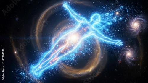 Cosmic Being Ascending Through Nebula and Galaxies, Spiritual Energy Transformation