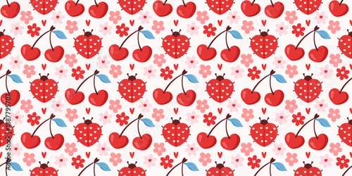 Seamless cute ladybug pattern with red beetles, flowers, cherry and tiny hearts. Designed for baby fabrics, spring pajamas, and sweet Valentine or birthday prints