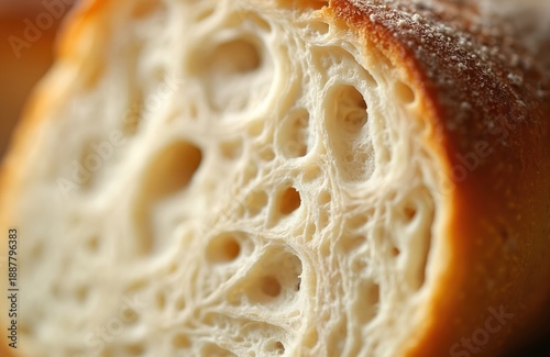Macro shot of porous bread texture. Freshly baked crust shows golden brown color and airy crumb structure. Perfect detail for food blogs and baking content. Good for articles on artisan bread.