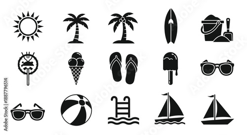Billede på lærred Collection of summer vacation icons in black and white
