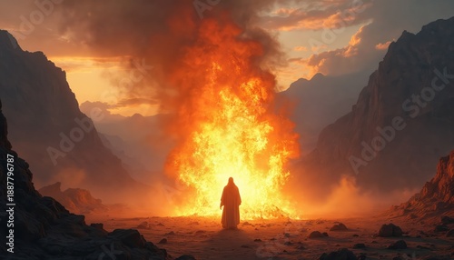 Man in robe stands before a massive burning bush in a rocky desert canyon. Fiery illumination contrasts with darkening sky and mountains. A divine revelation unfolds.