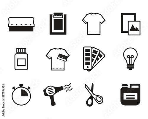 Set of 12 screen printing icons. Vector illustration of t-shirt production tools including squeegee, ink, screen, drying equipment, and design materials.