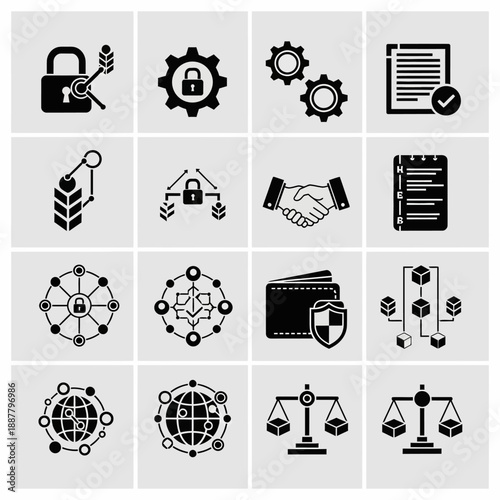 Black icons of business security systems.